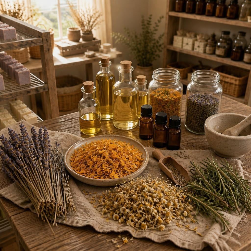 Aceites, arcillas, caléndula, lavanda y manzanilla sobre una mesa de trabajo