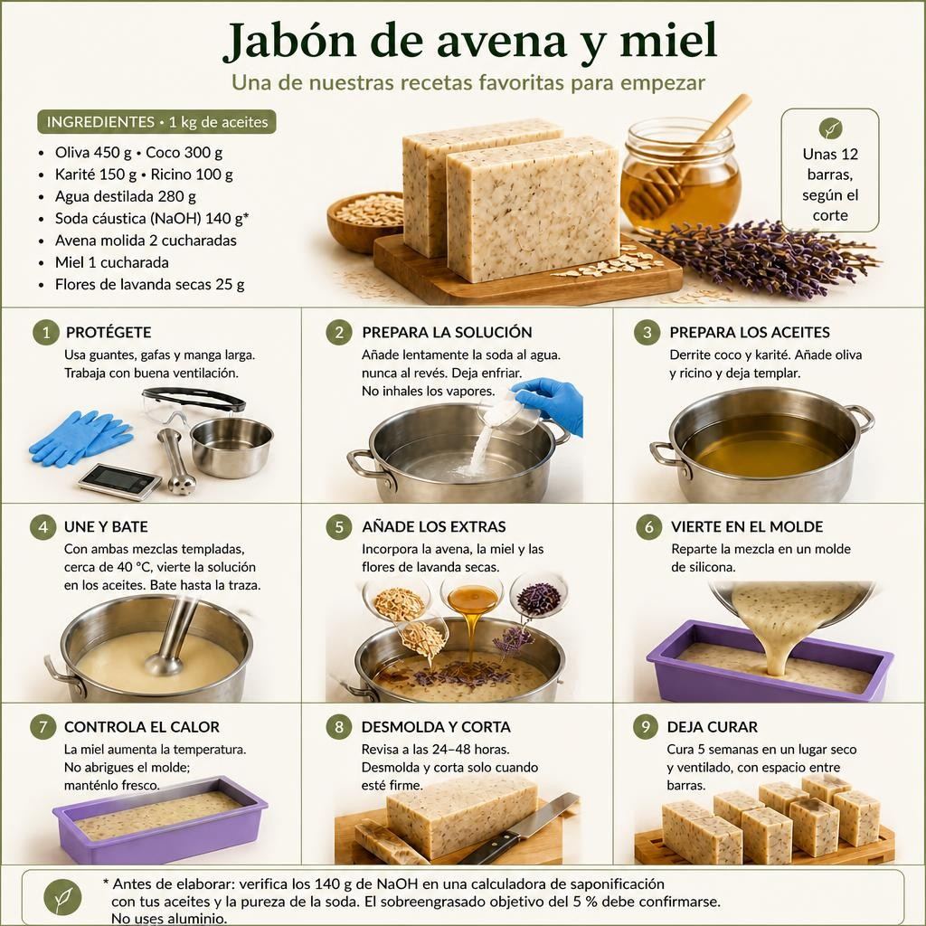 Ficha de la receta de jabón de avena y miel: ingredientes en gramos y nueve pasos ilustrados